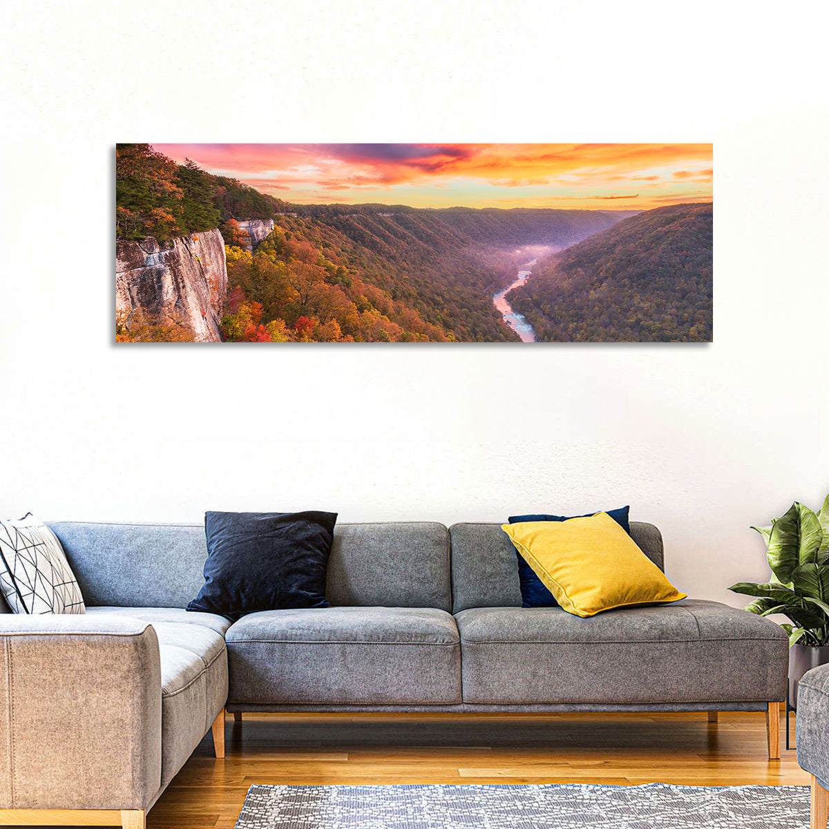 New River Gorge Sunset Wall Art in a room, panoramic
