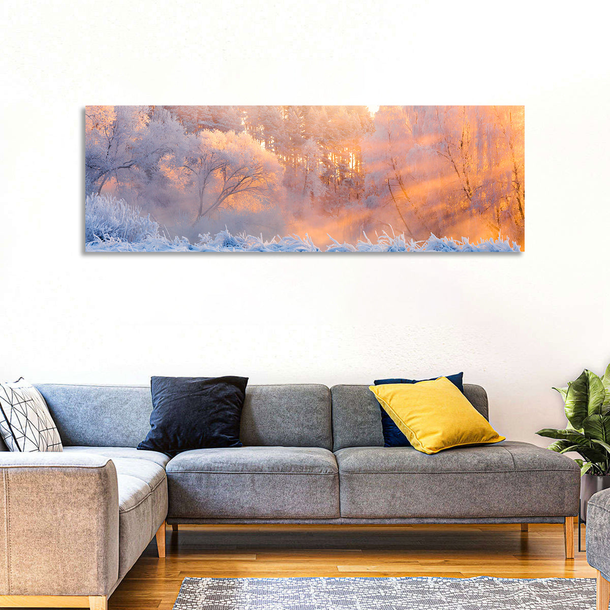 Sunlit Winter Forest Wall Art in a room, panoramic