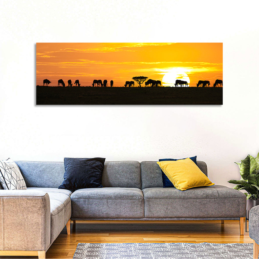 Wildebeest Silhouettes at Sunset Wall Art