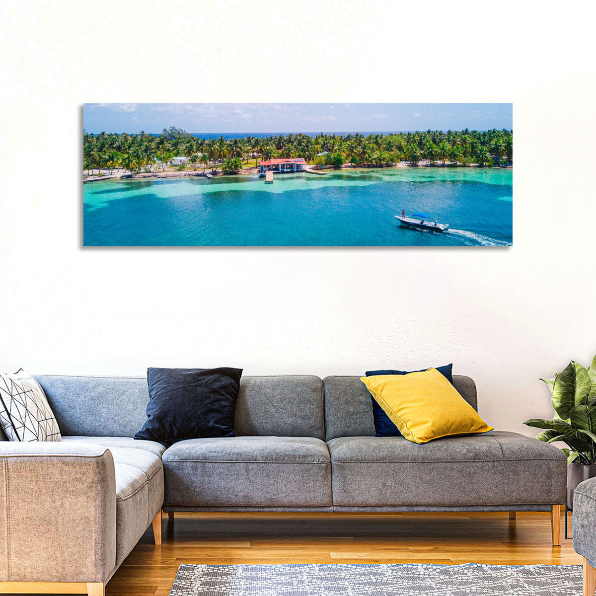 Belize Reef Island Pier Wall Art in a room, panoramic