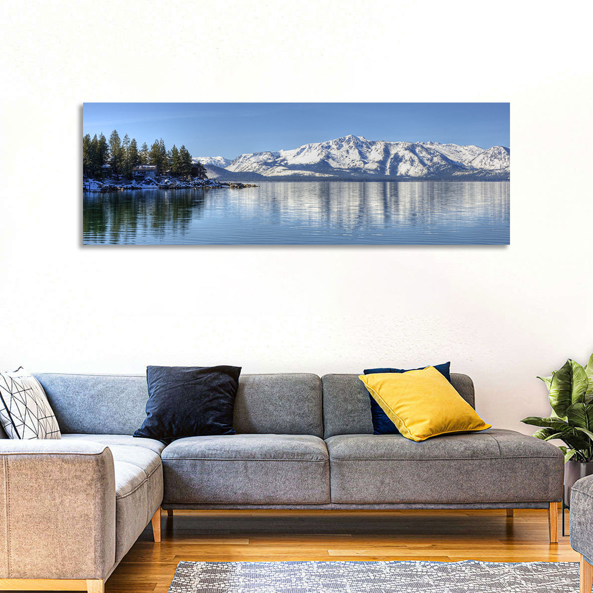 Elk Point Lake Tahoe Reflection Wall Art in a room, panoramic