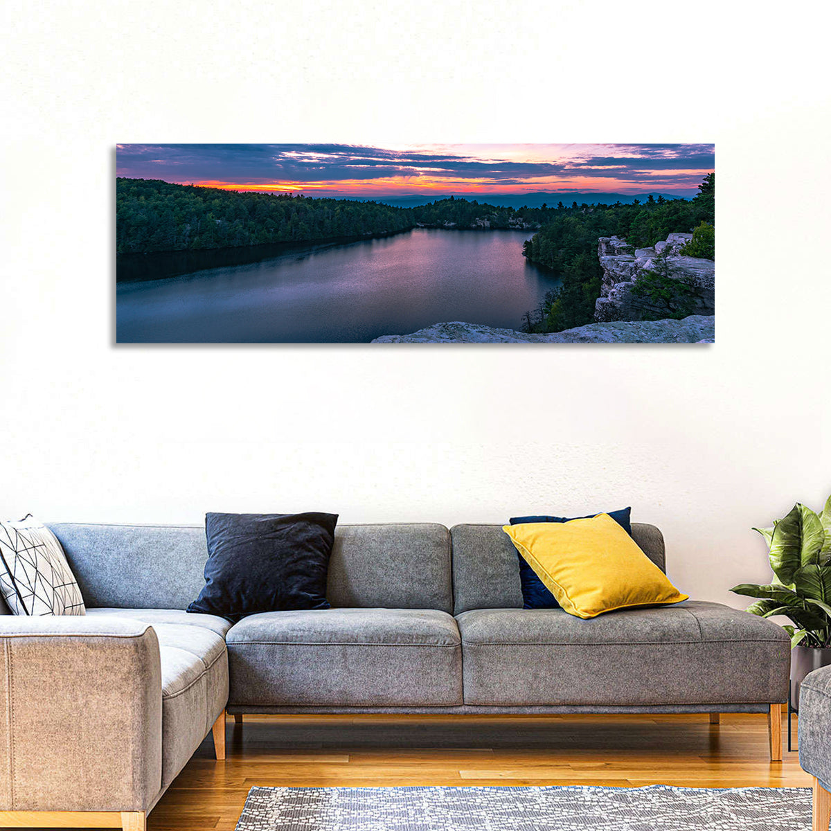 Lake Minnewaska Sunset Wall Art in a room, panoramic