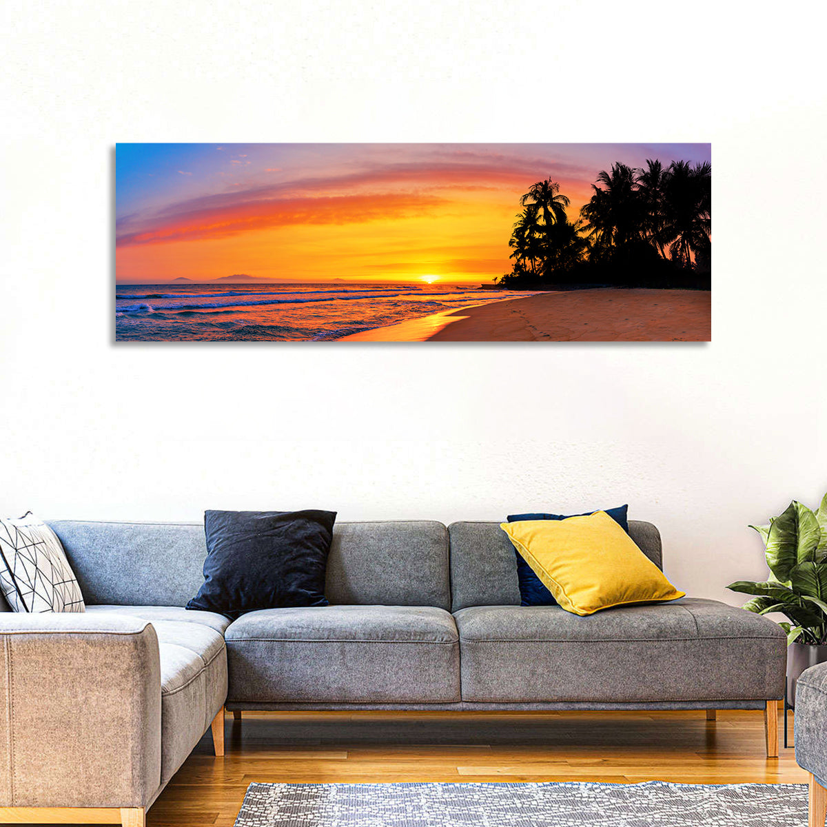 Tropical Beach Sunset Wall Art in a room, panoramic