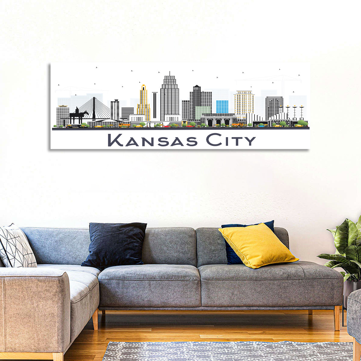 Kansas City Skyline Wall Art in a room, panoramic