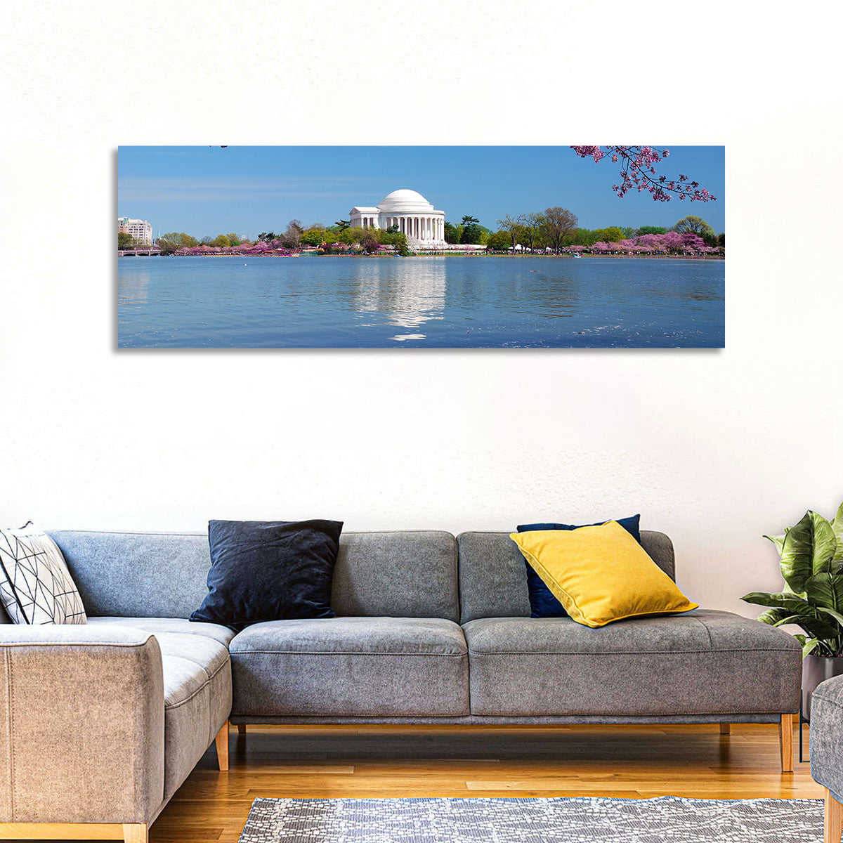 Thomas Jefferson Memorial with Cherry Blossoms Wall Art in a room, panoramic
