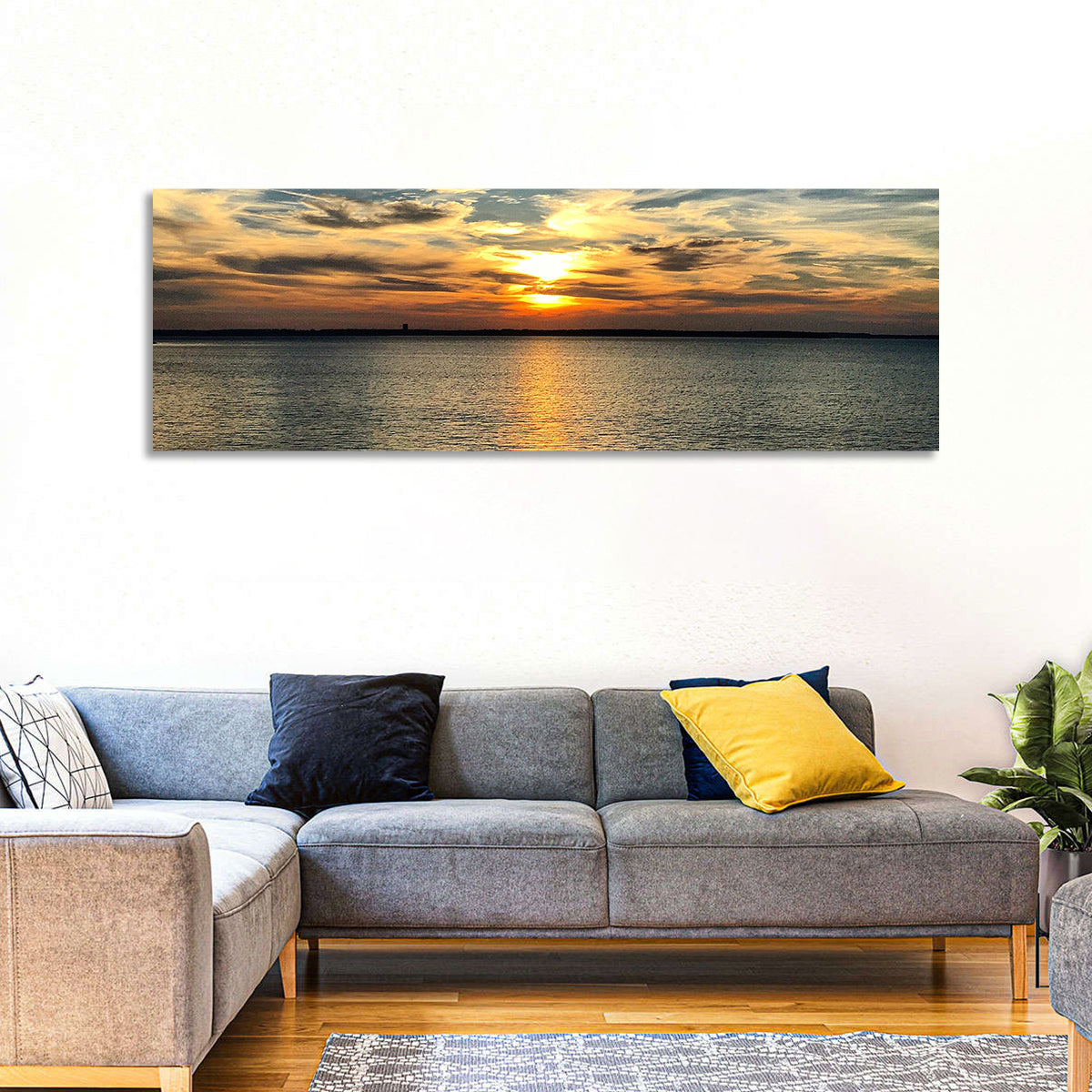 Texoma Lake Sunset Wall Art in a room, panoramic