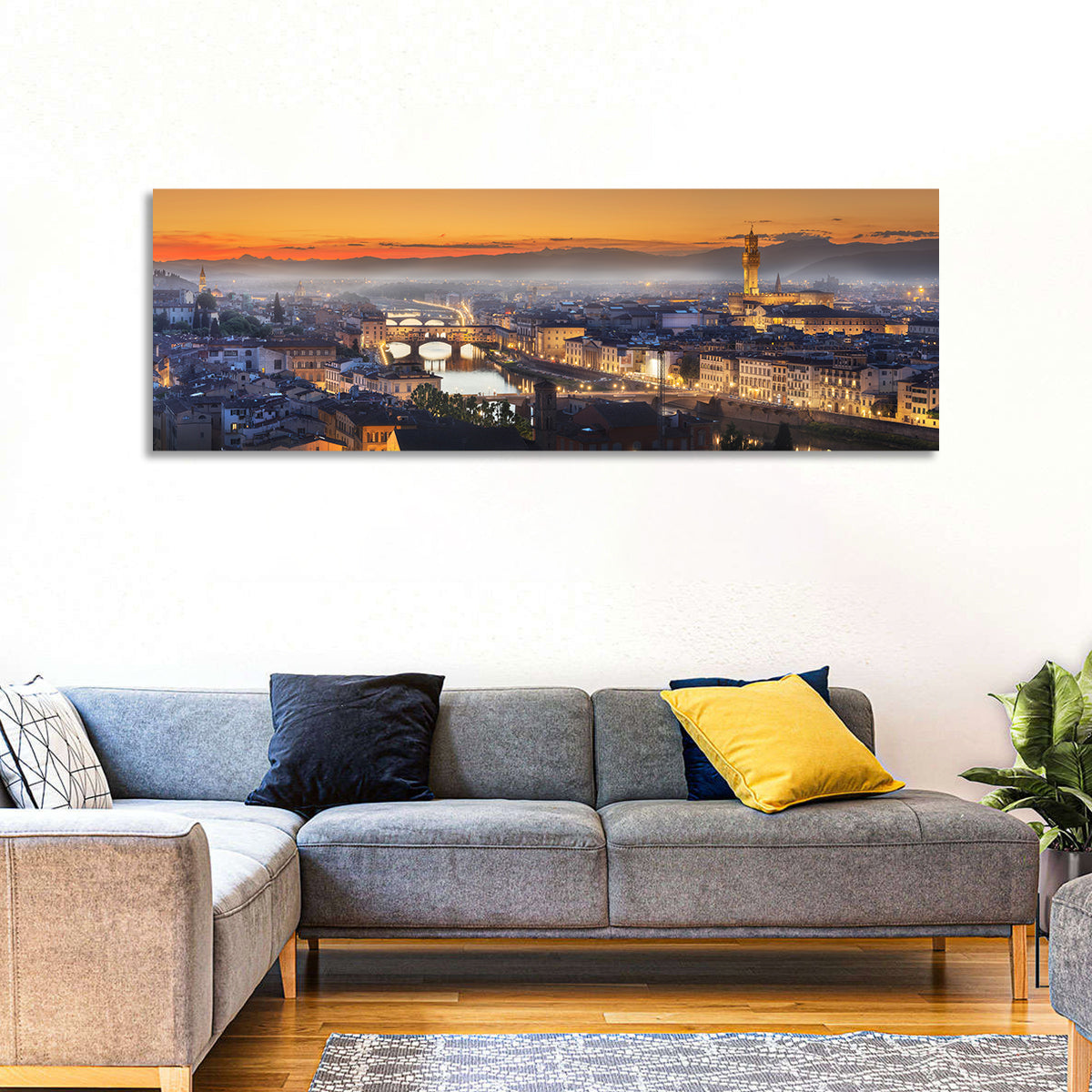 Florence Sunset Over the Arno Wall Art in a room, panoramic
