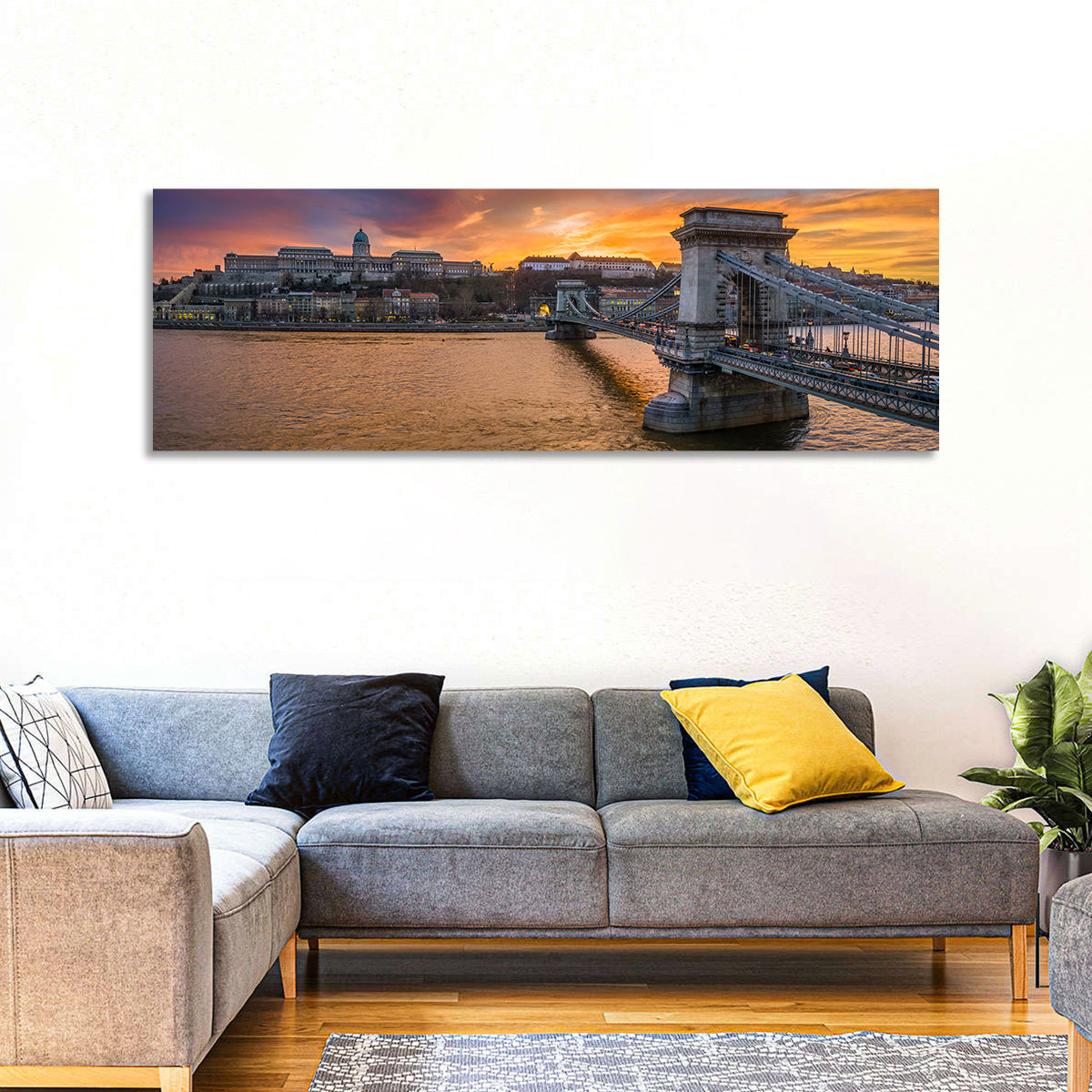 Budapest Chain Bridge at Golden Dusk Wall Art in a room, panoramic