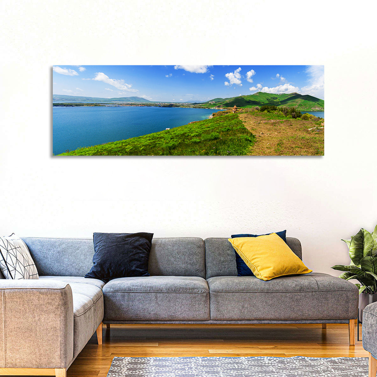 Sevanavank Monastery Above Lake Sevan Wall Art in a room, panoramic