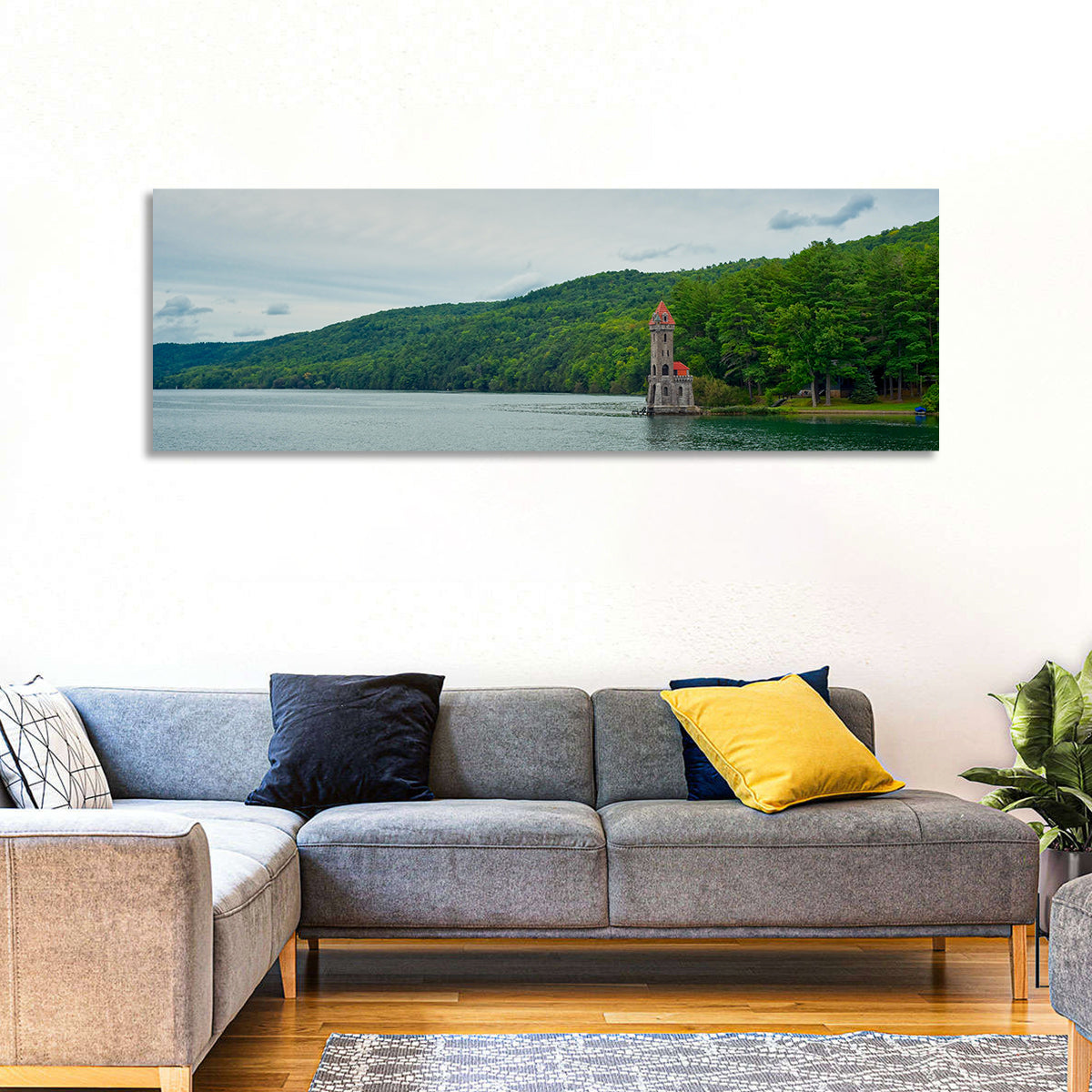 Otsego Lake View with Stone Tower Wall Art in a room, panoramic