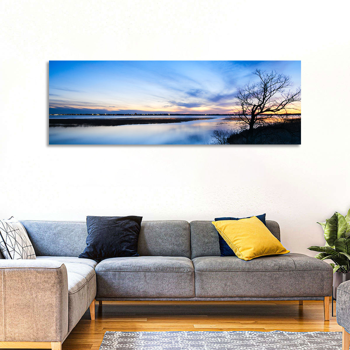 Lake Bemidji Twilight Wall Art in a room, panoramic