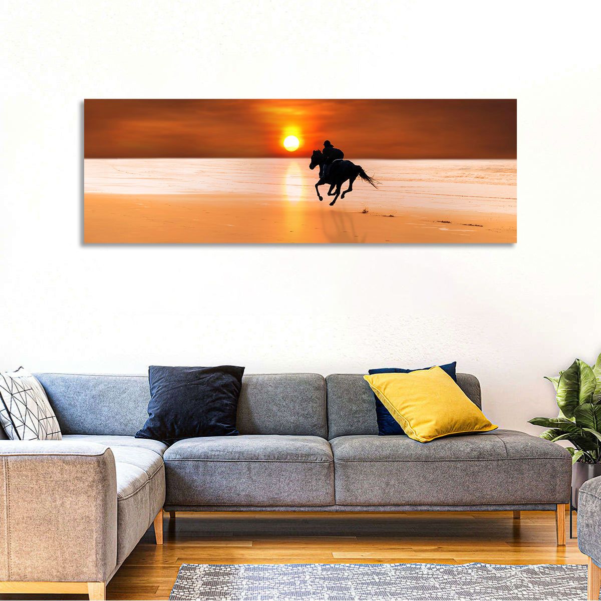 Horse and Rider at Sunset Wall Art in a room, panoramic