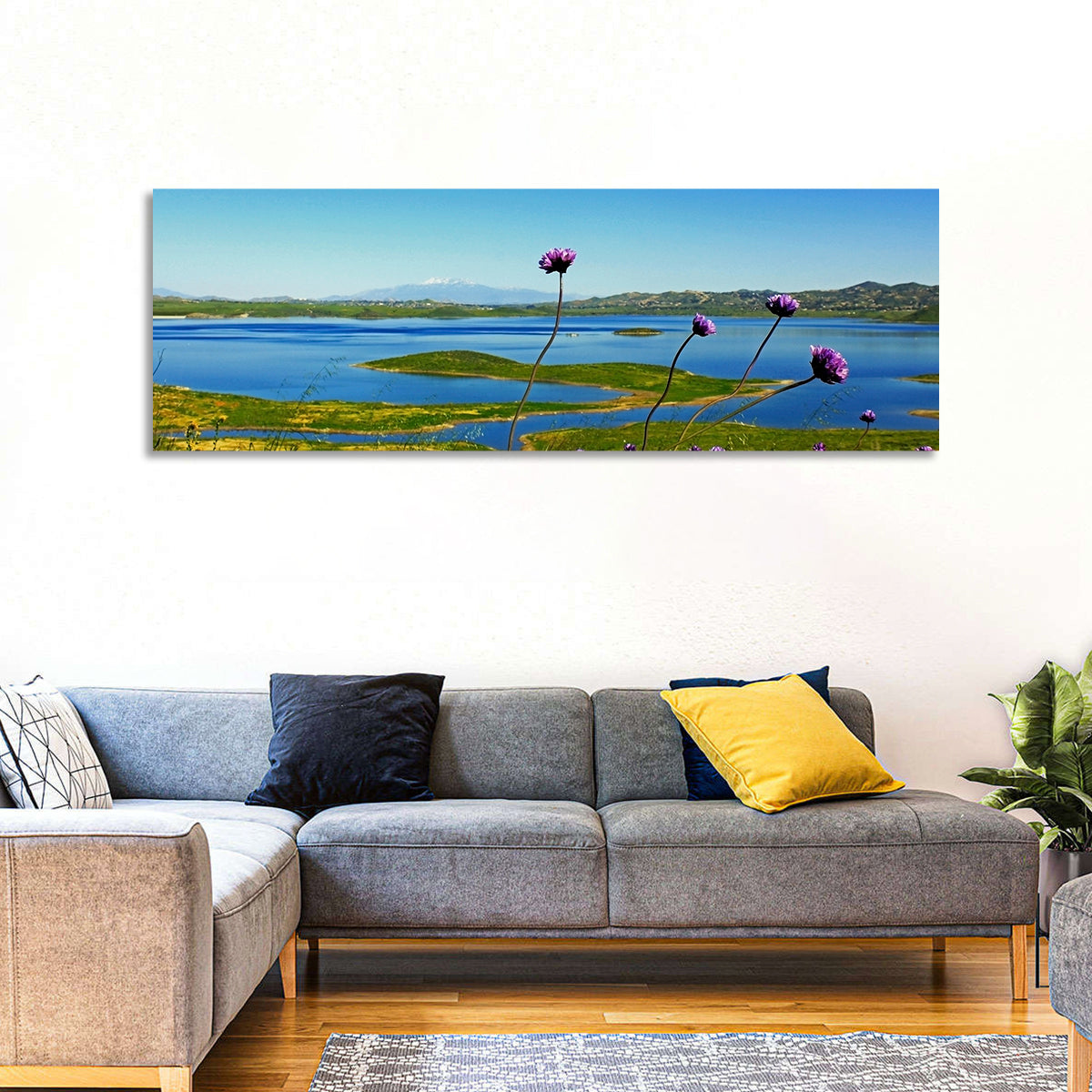 Lake Mathews Wildflower View Wall Art in a room, panoramic