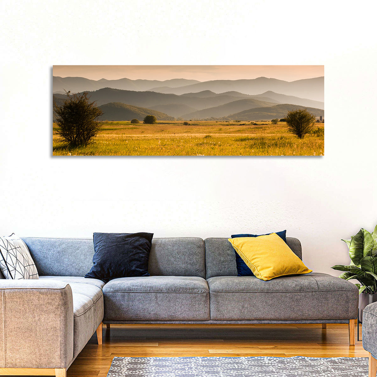 Golden Hour Countryside Hills Wall Art in a room, panoramic