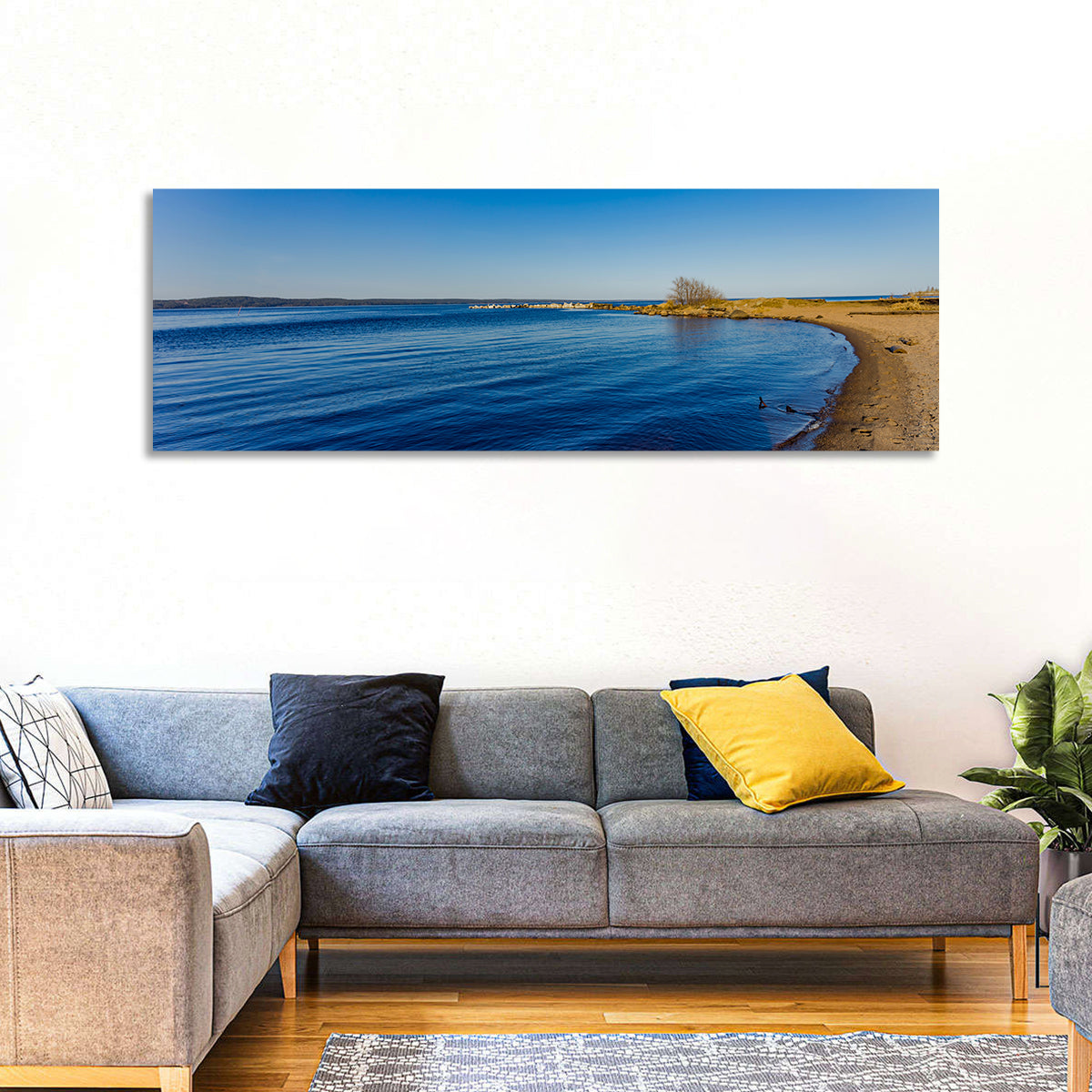 Lake Onega Shoreline Wall Art in a room, panoramic