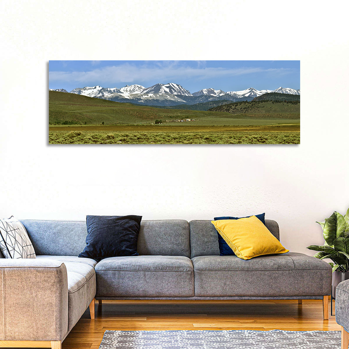 Sierra Nevada Sagebrush Plains Wall Art in a room, panoramic