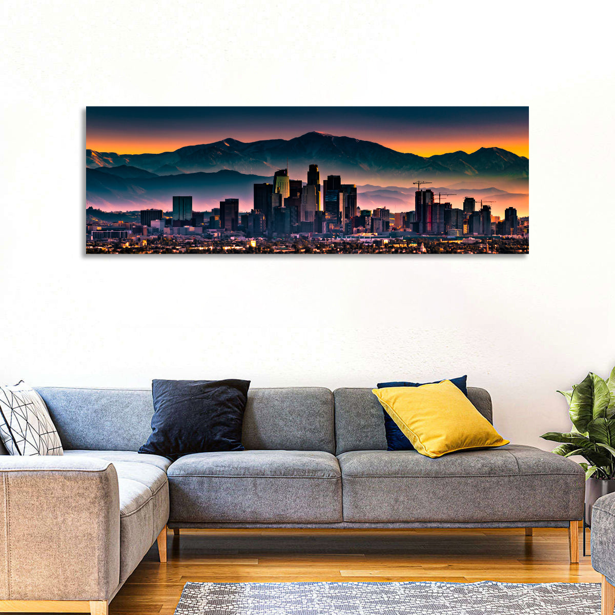 Downtown Los Angeles Skyline Wall Art in a room, panoramic