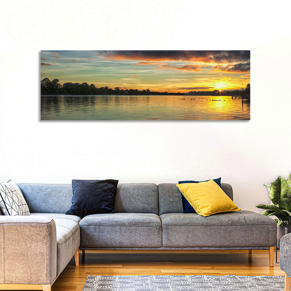 Lake Marion Golden Sunset Wall Art in a room, panoramic