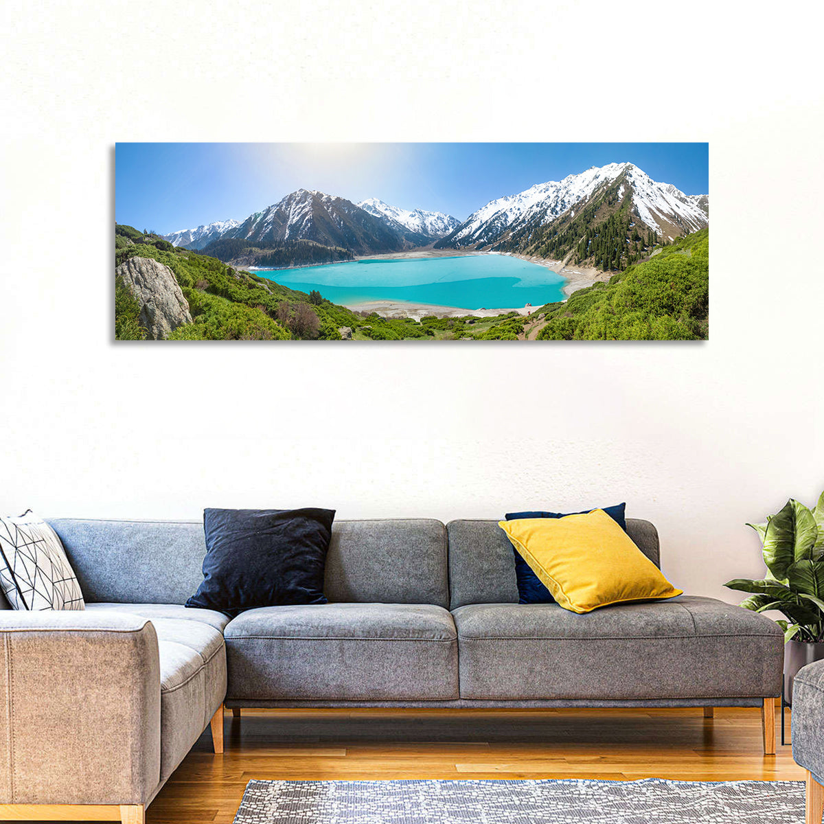 Big Almaty Lake Vista Wall Art in a room, panoramic