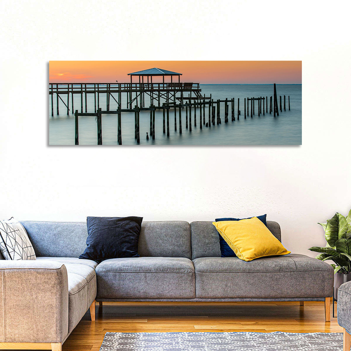 Fairhope Pier at Sunset Wall Art in a room, panoramic