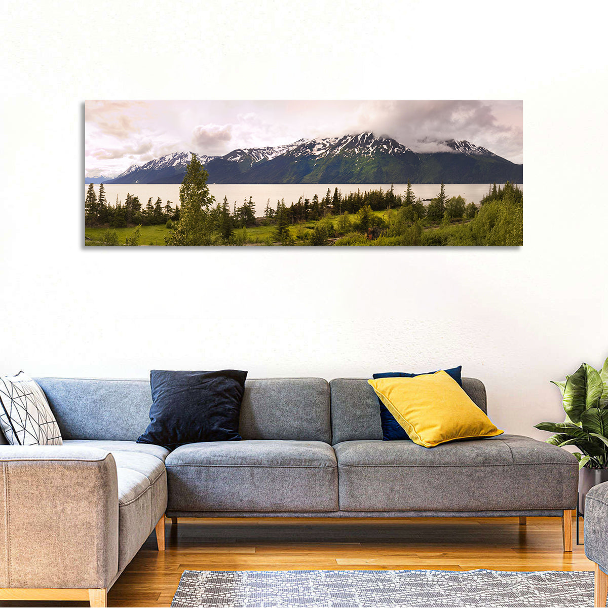Alaska Mountain Lake View Wall Art in a room, panoramic