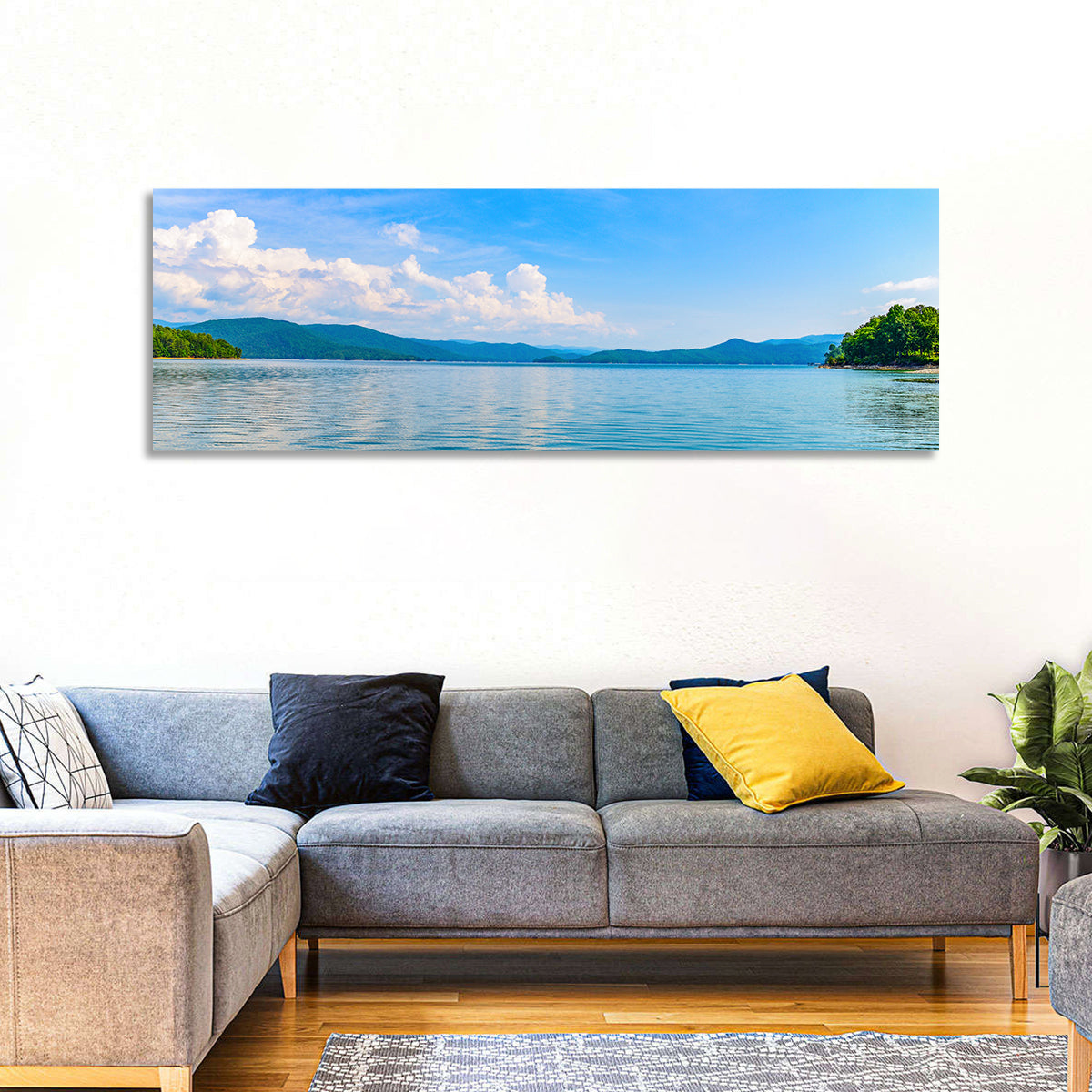 Lake Jocassee Wall Art in a room, panoramic
