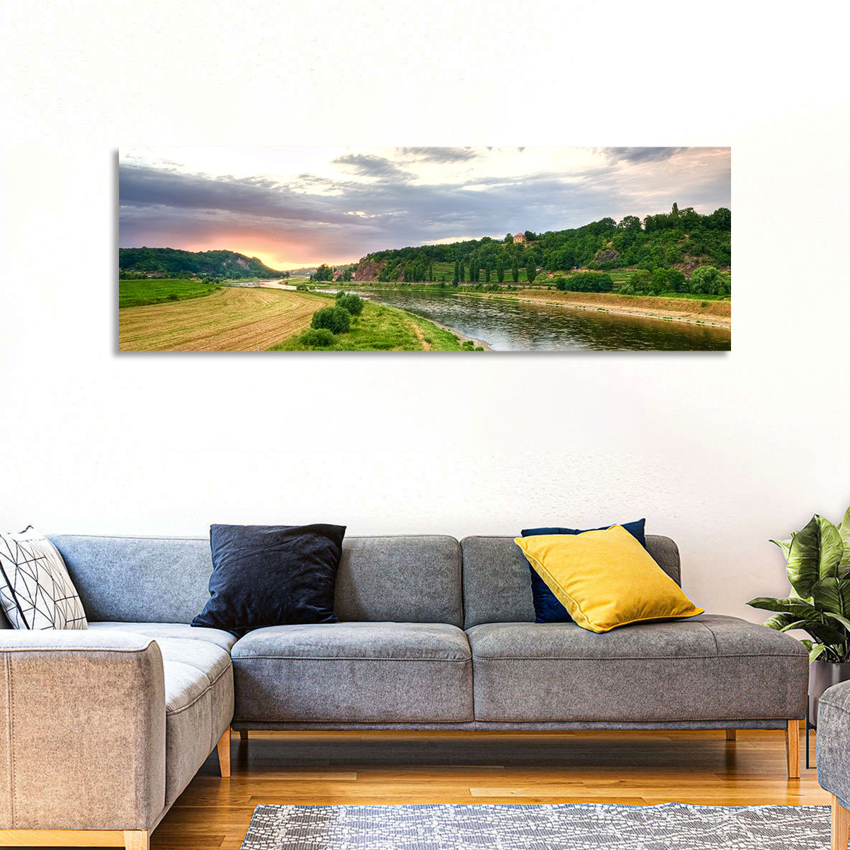 Elbe River at Golden Hour Wall Art in a room, panoramic