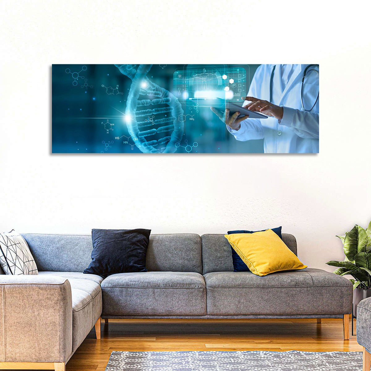Doctor with Dna Helix Wall Art in a room, panoramic