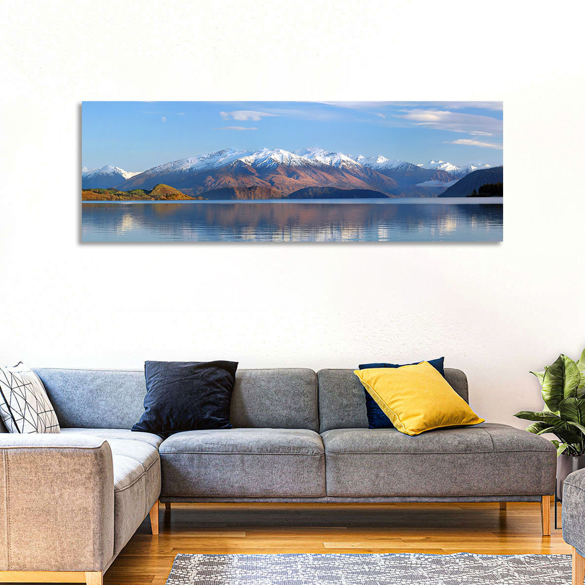 Lake Wanaka Morning Light Wall Art in a room, panoramic