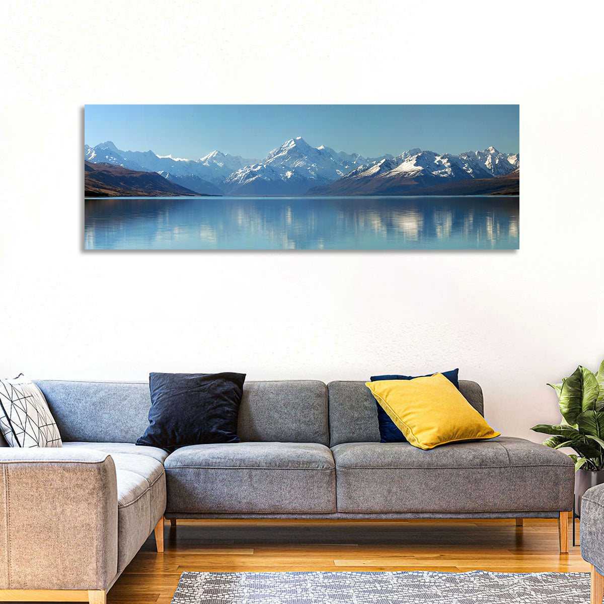 Aoraki Reflection Over Lake Pukaki Wall Art in a room, panoramic