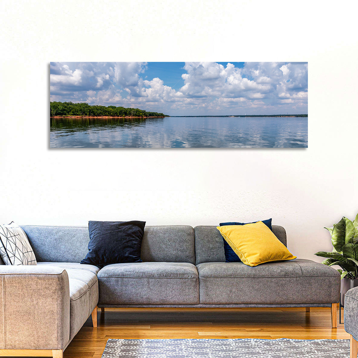 Thunderbird Lake Reflections Wall Art in a room, panoramic