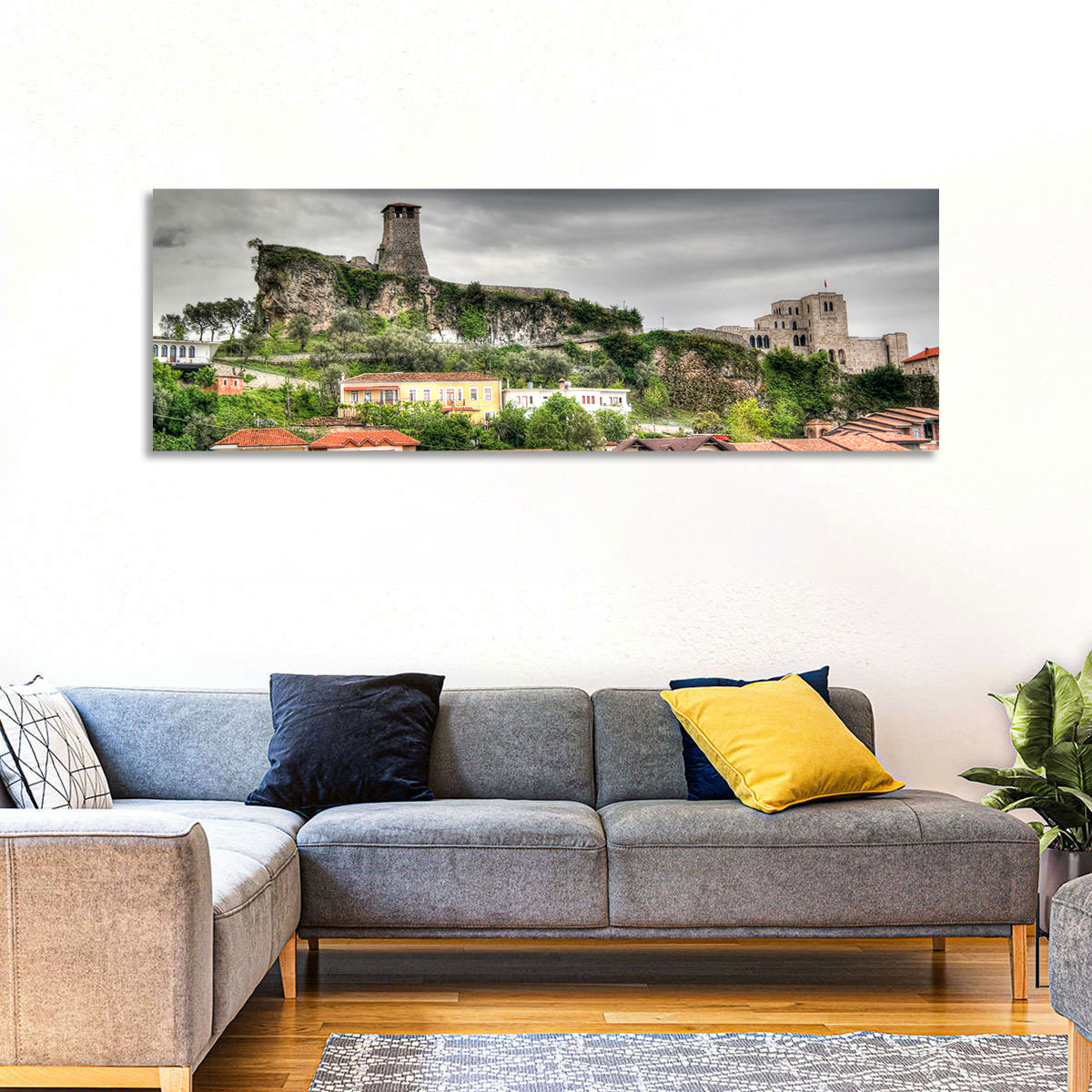 Krujë Castle Overlook Wall Art in a room, panoramic