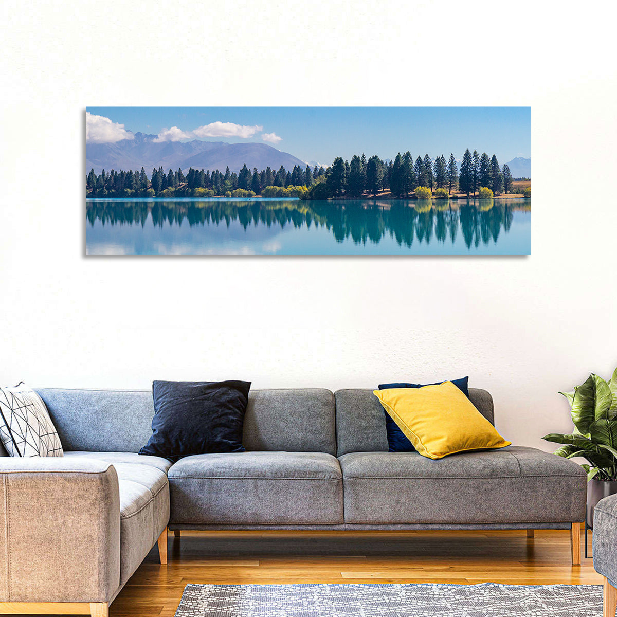 Lake Ruataniwha Reflection Wall Art in a room, panoramic