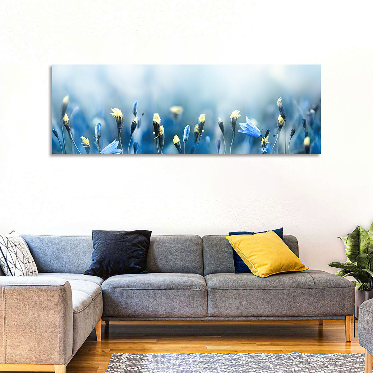 Blue Bellflowers and Yellow Buds Wall Art in a room, panoramic