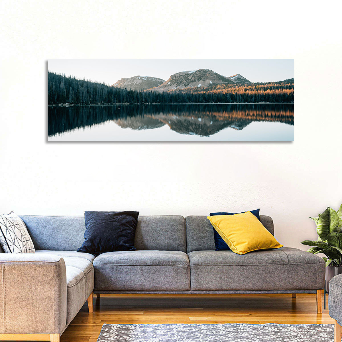 Mirror Lake Utah Reflection Wall Art in a room, panoramic