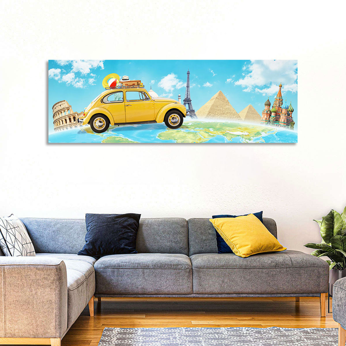 Yellow Beetle World Road Trip Wall Art in a room, panoramic