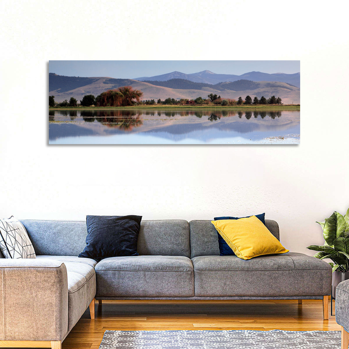 Mission Valley Lake Reflection Wall Art in a room, panoramic