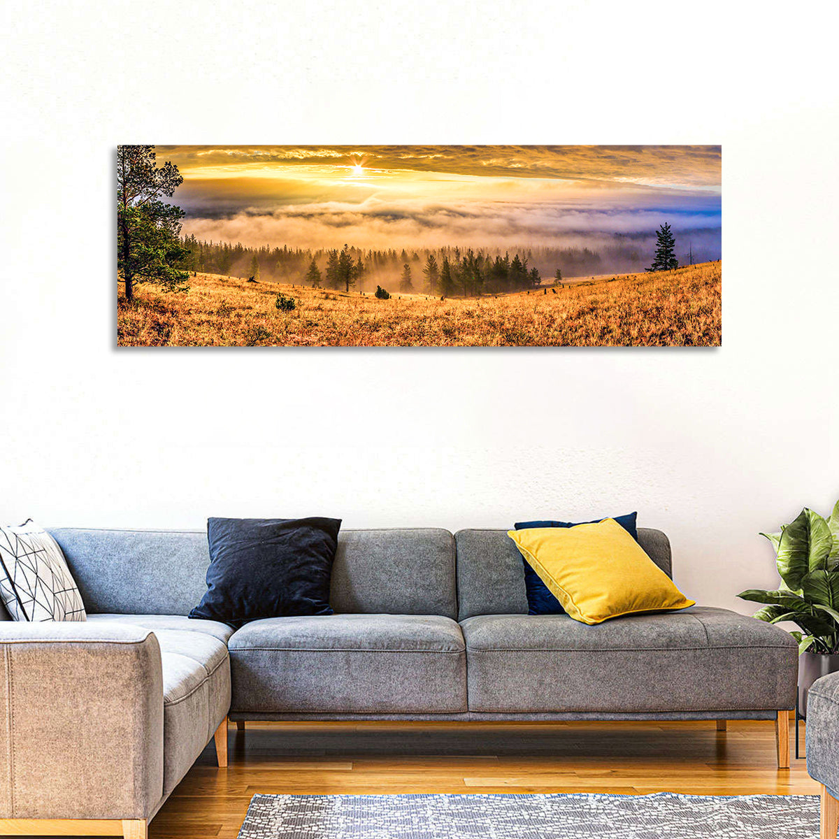 Ural Taiga Sunrise Wall Art in a room, panoramic