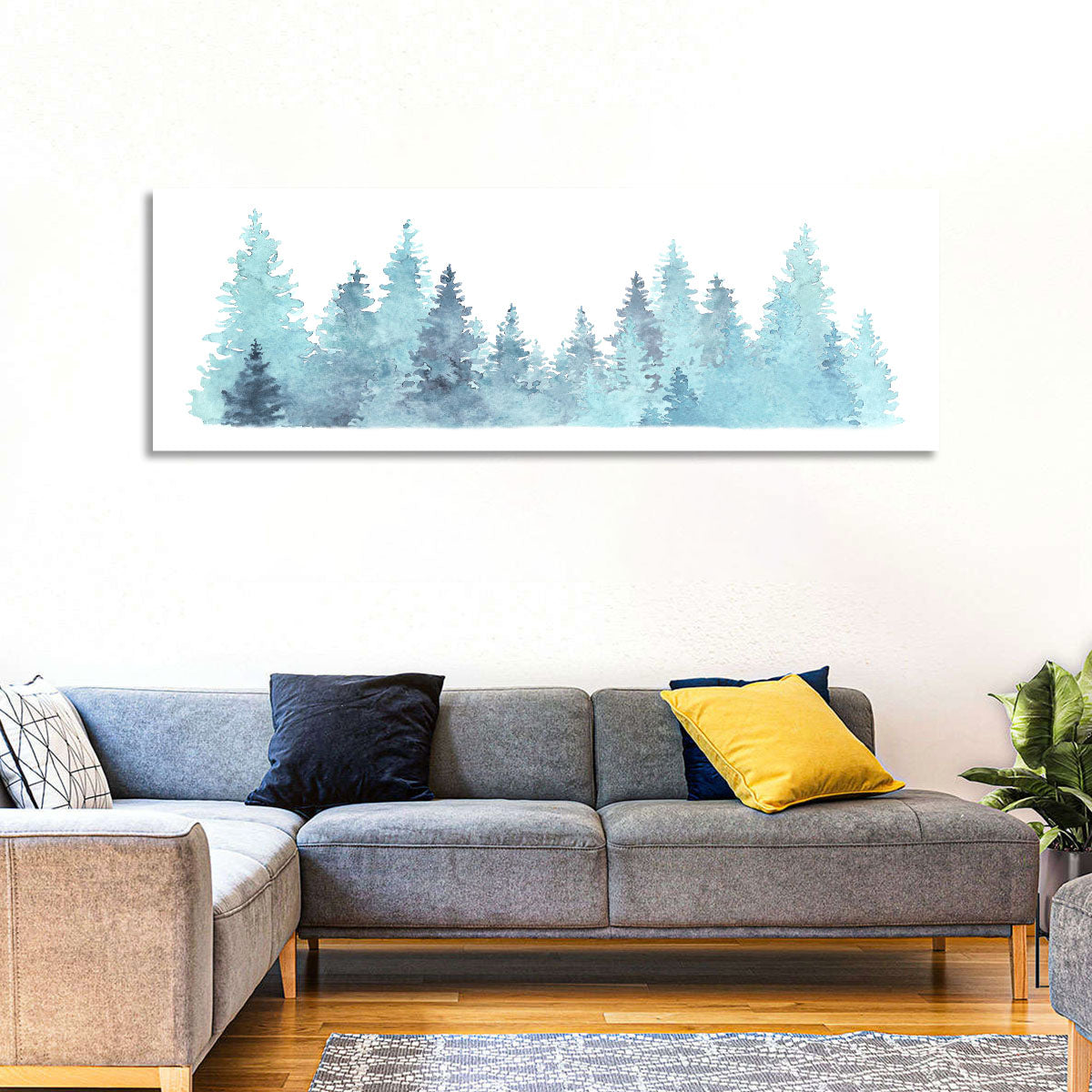 Watercolor Pine Trees Wall Art in a room, panoramic