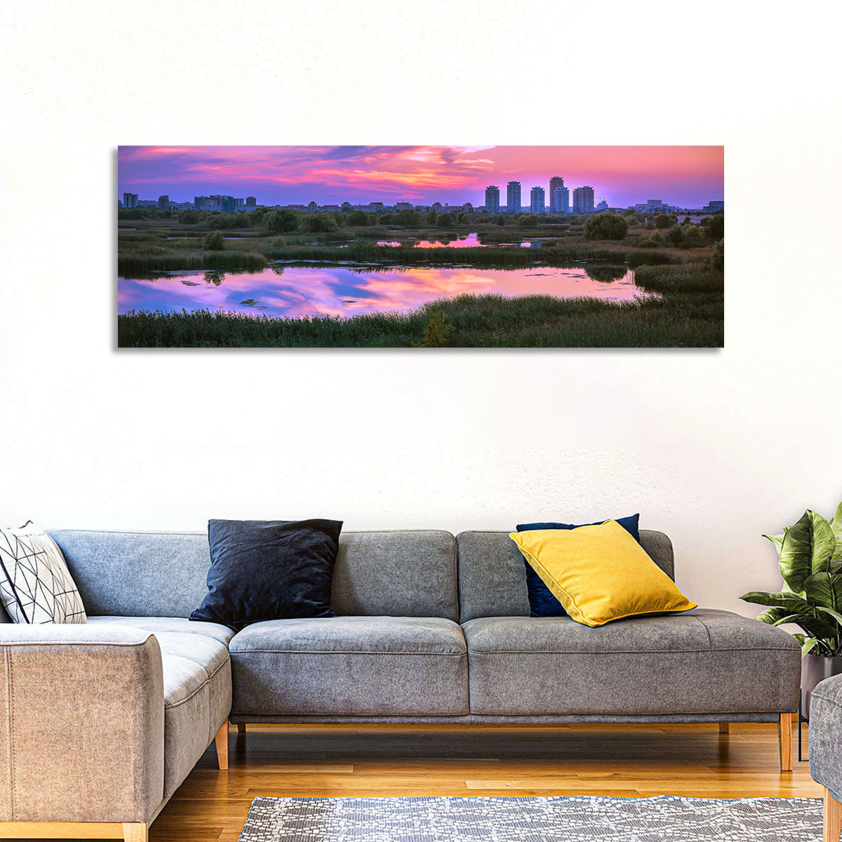 Vacaresti Park Sunset Reflection Wall Art in a room, panoramic