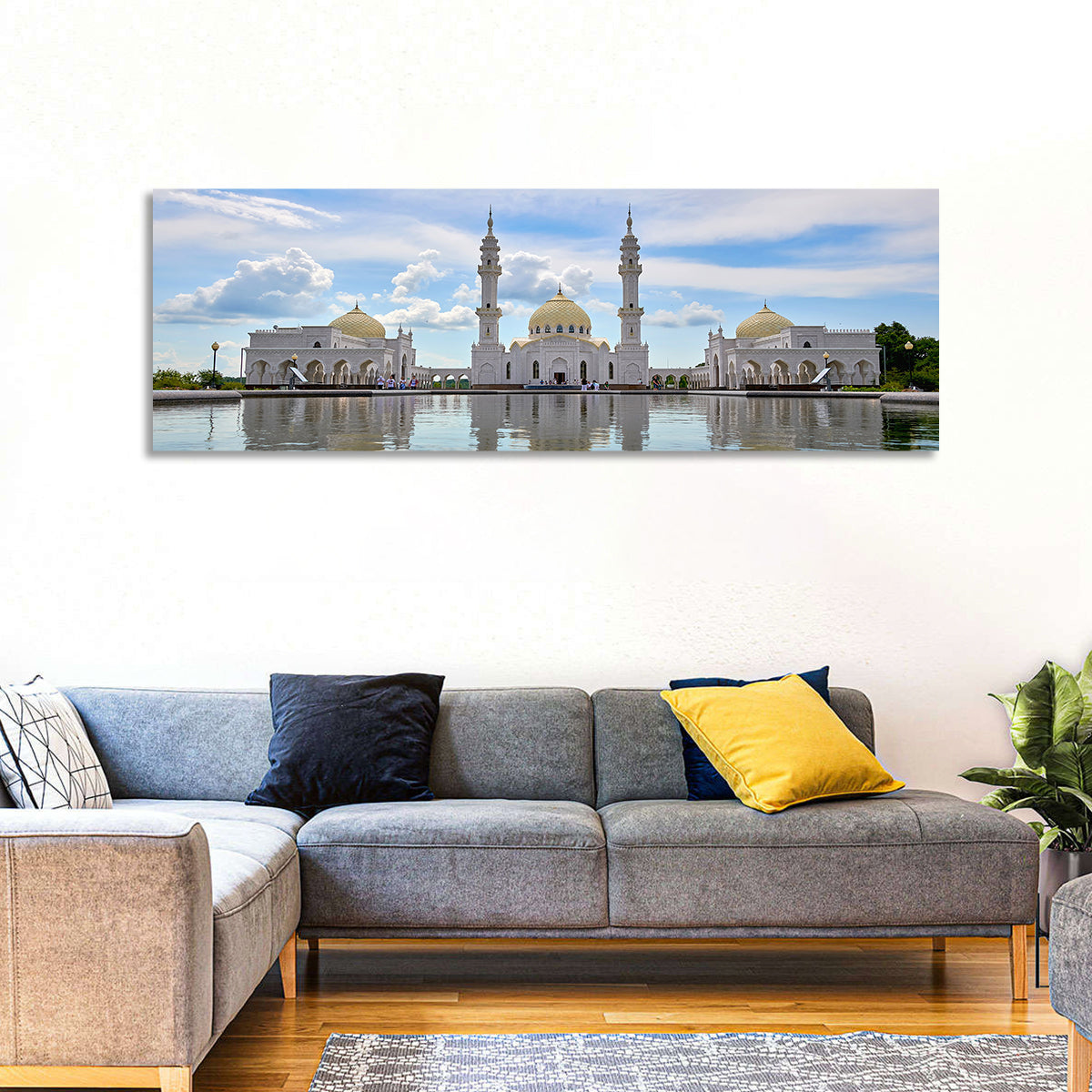 Bolgar White Mosque Reflection Wall Art in a room, panoramic