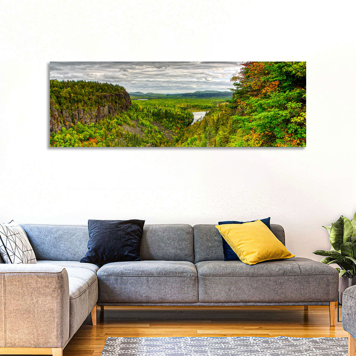 Ouimet Canyon Autumn View Wall Art in a room, panoramic