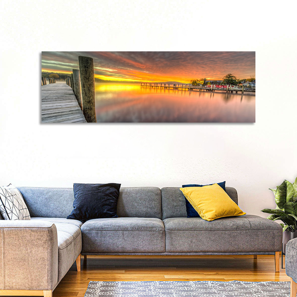 Meredith Bay Pier at Sunrise Wall Art in a room, panoramic