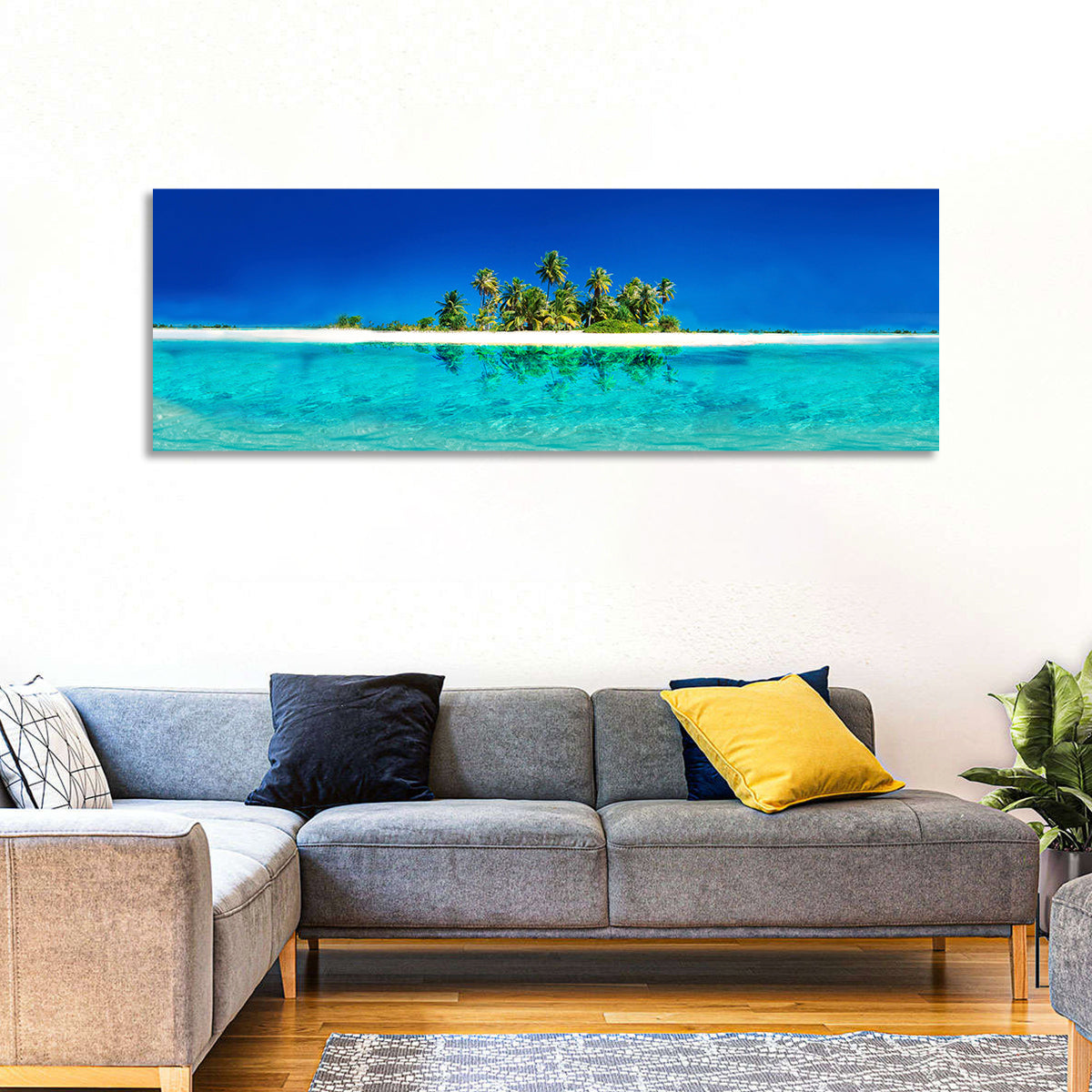 Tranquil Split-level Tropical Island Seascape Wall Art in a room, panoramic