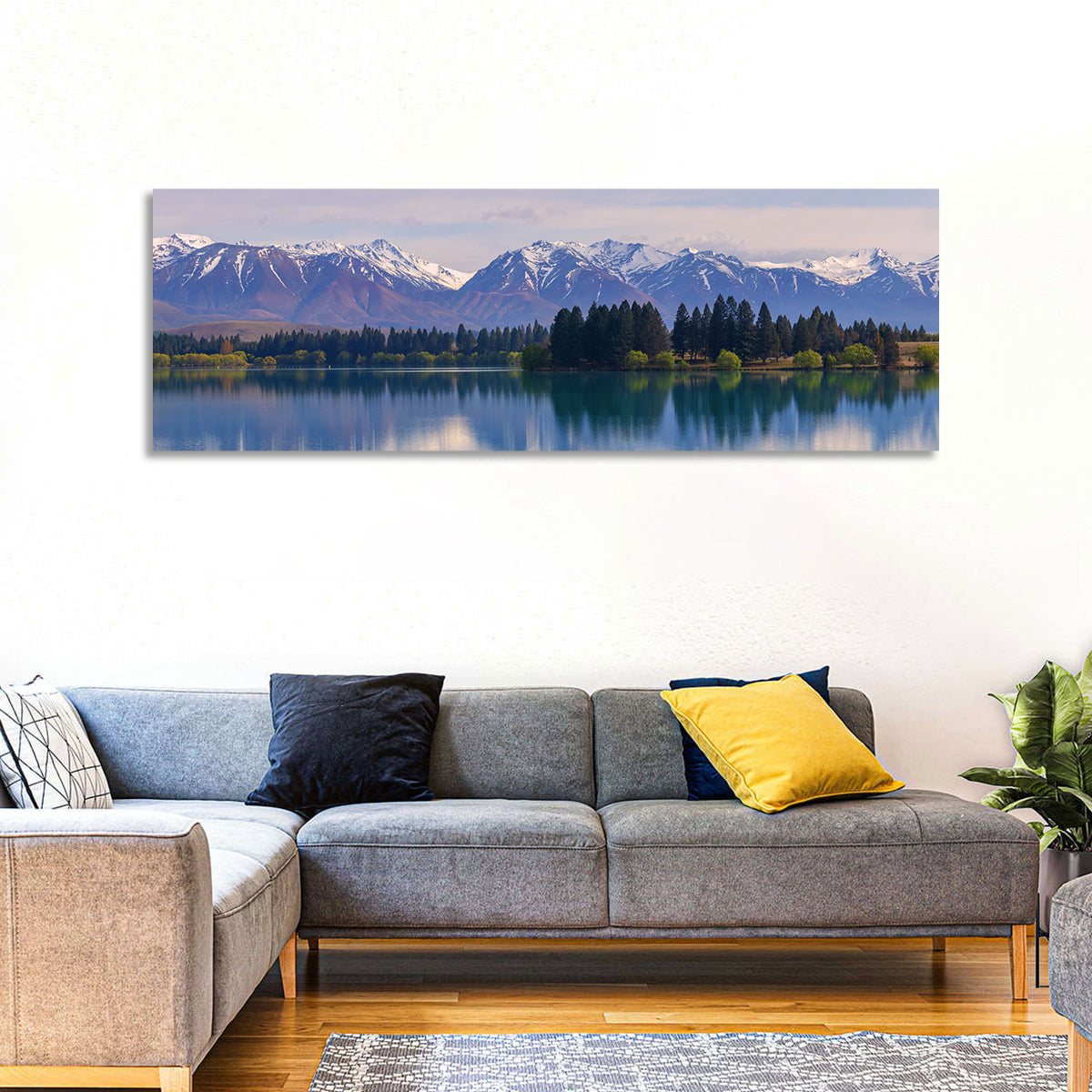 Ruataniwha Lake Reflection Wall Art in a room, panoramic
