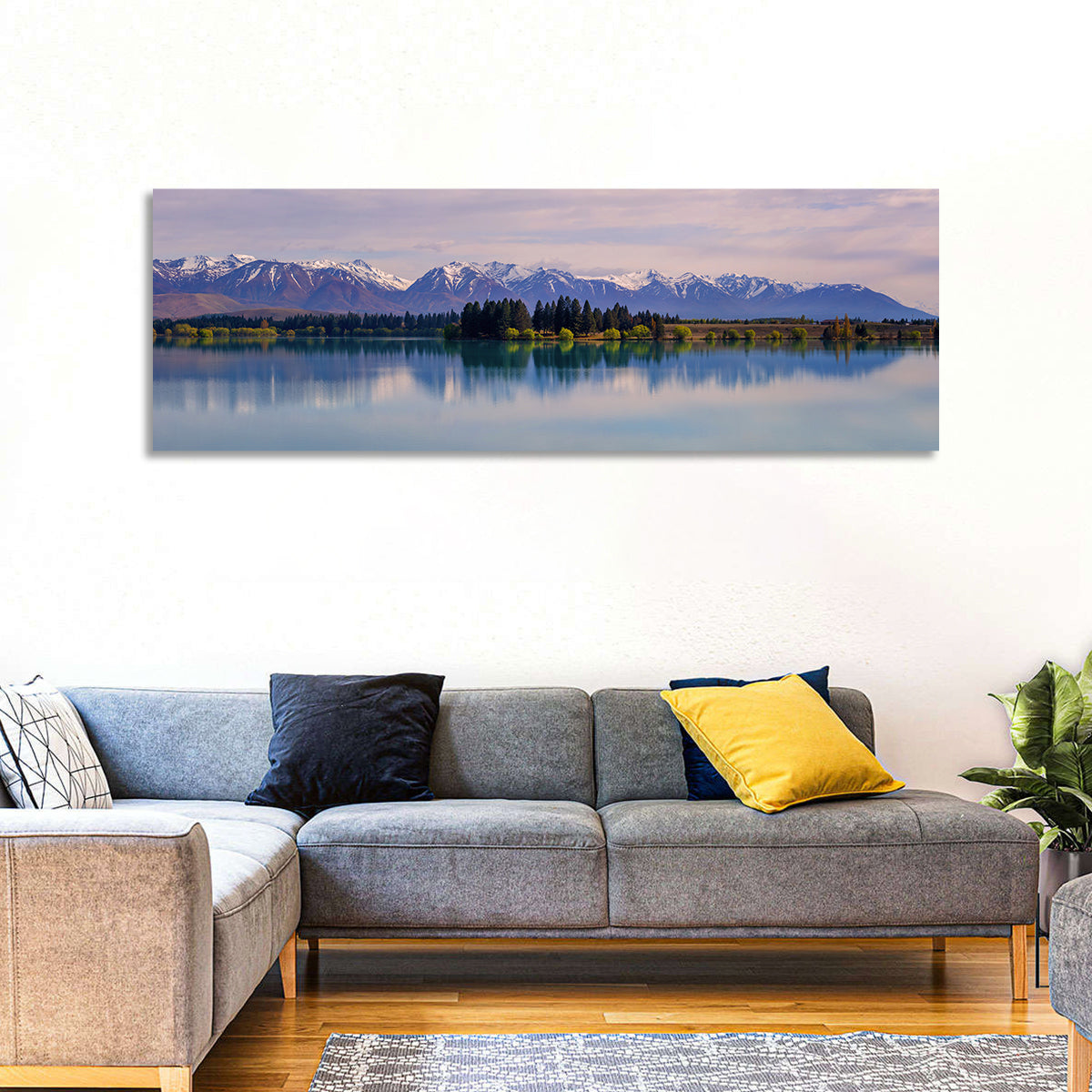 Lake Ruataniwha Reflection Wall Art in a room, panoramic