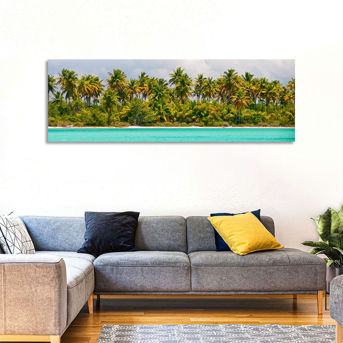 Turquoise Lagoon Palm Tree Beach Wall Art in a room, panoramic