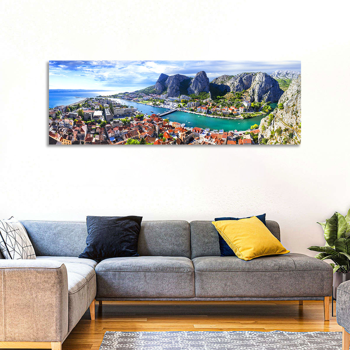 Omiš Cetina River Mouth Canyon View Wall Art in a room, panoramic