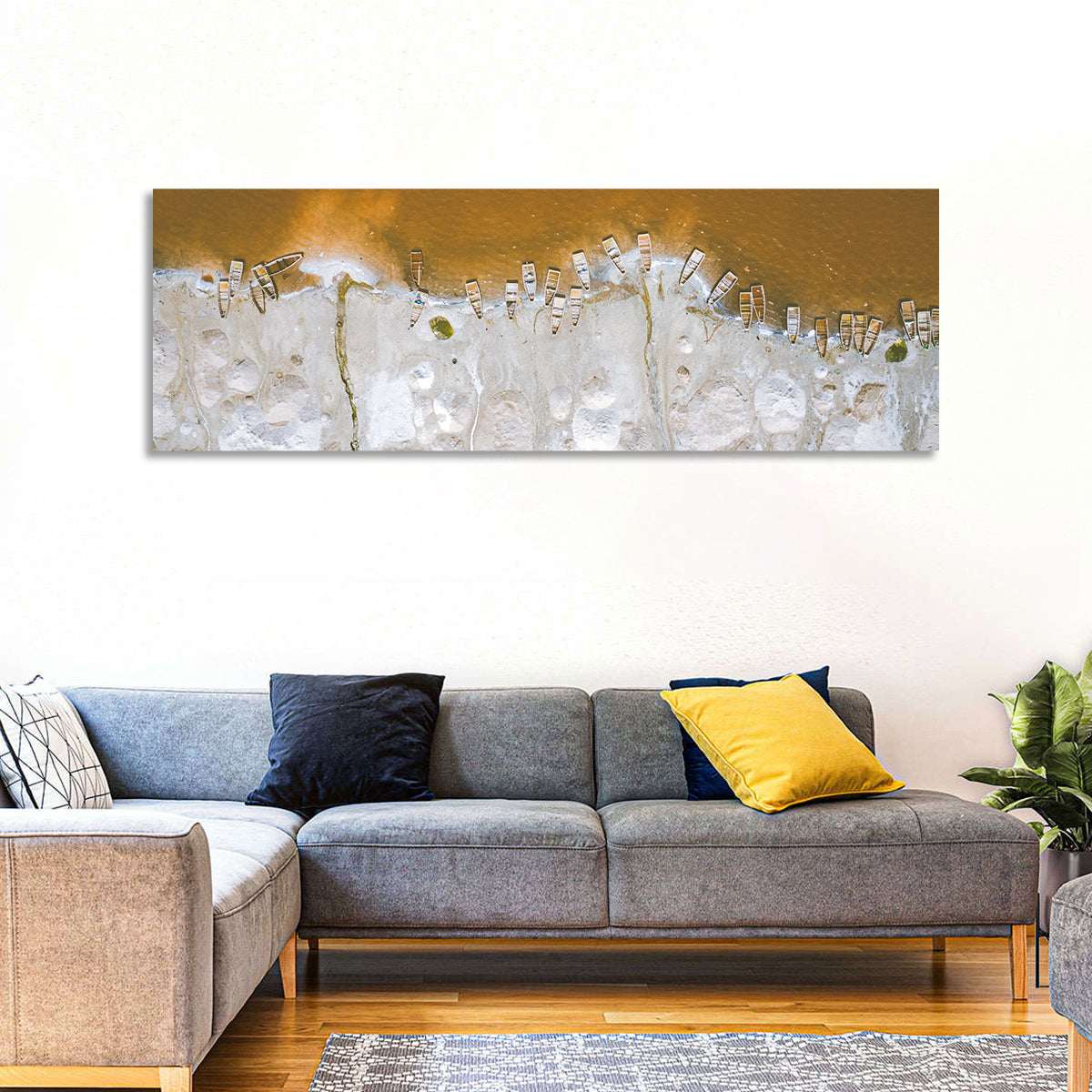 Lac Rose Salt Flats Senegal Wall Art in a room, panoramic