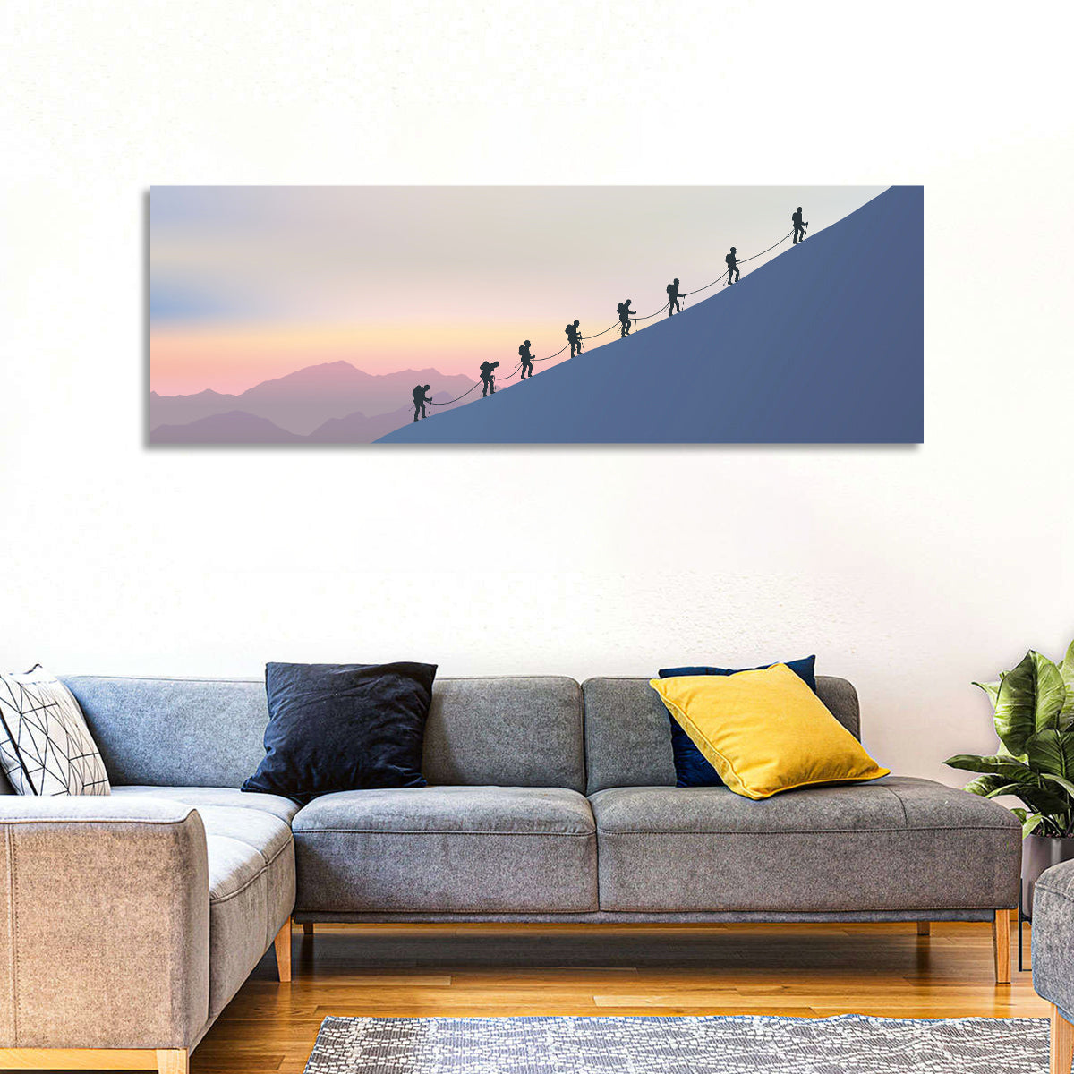 Eight Mountaineers at Dawn Wall Art in a room, panoramic